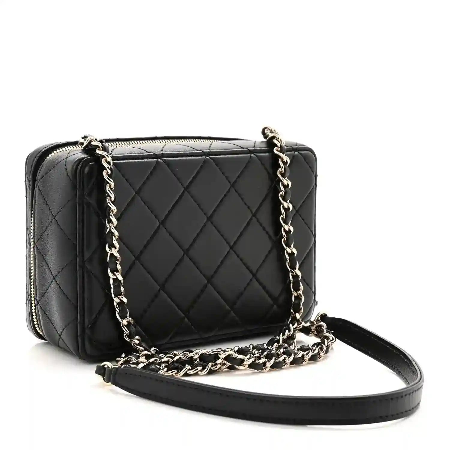 Black quilted lambskin shoulder bag with chain strap and gold-tone zipper trim