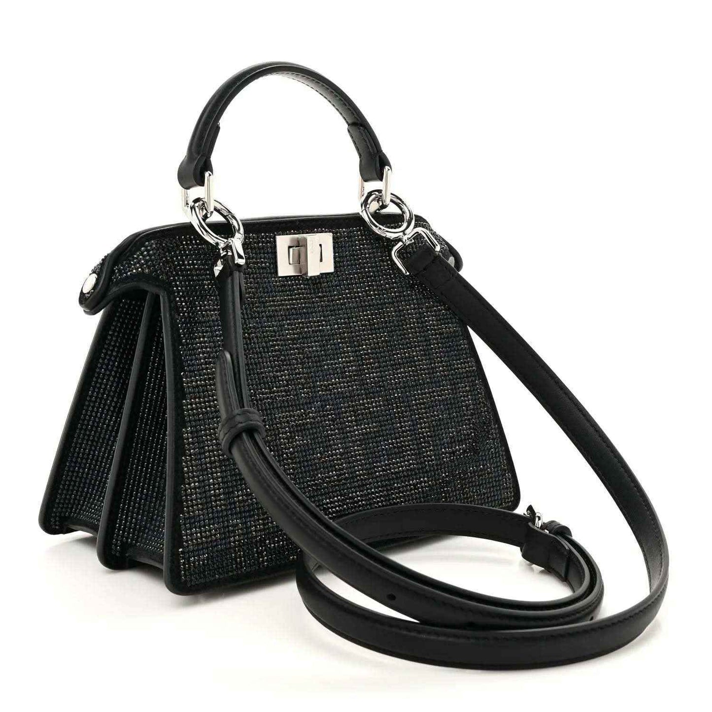 Fendi black crystal satchel with top handle and crossbody strap
