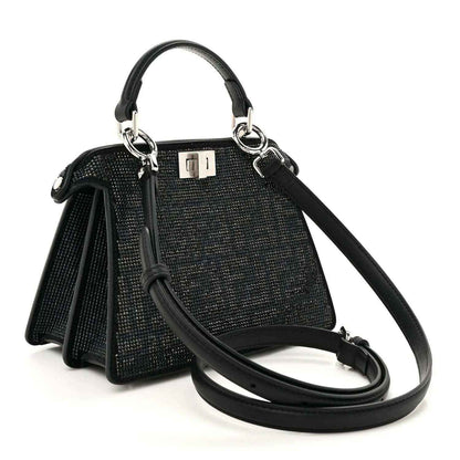 Fendi black crystal satchel with top handle and crossbody strap
