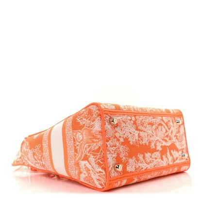 Orange embroidered Lady D-Lite bag with side panel stripes and zip top.