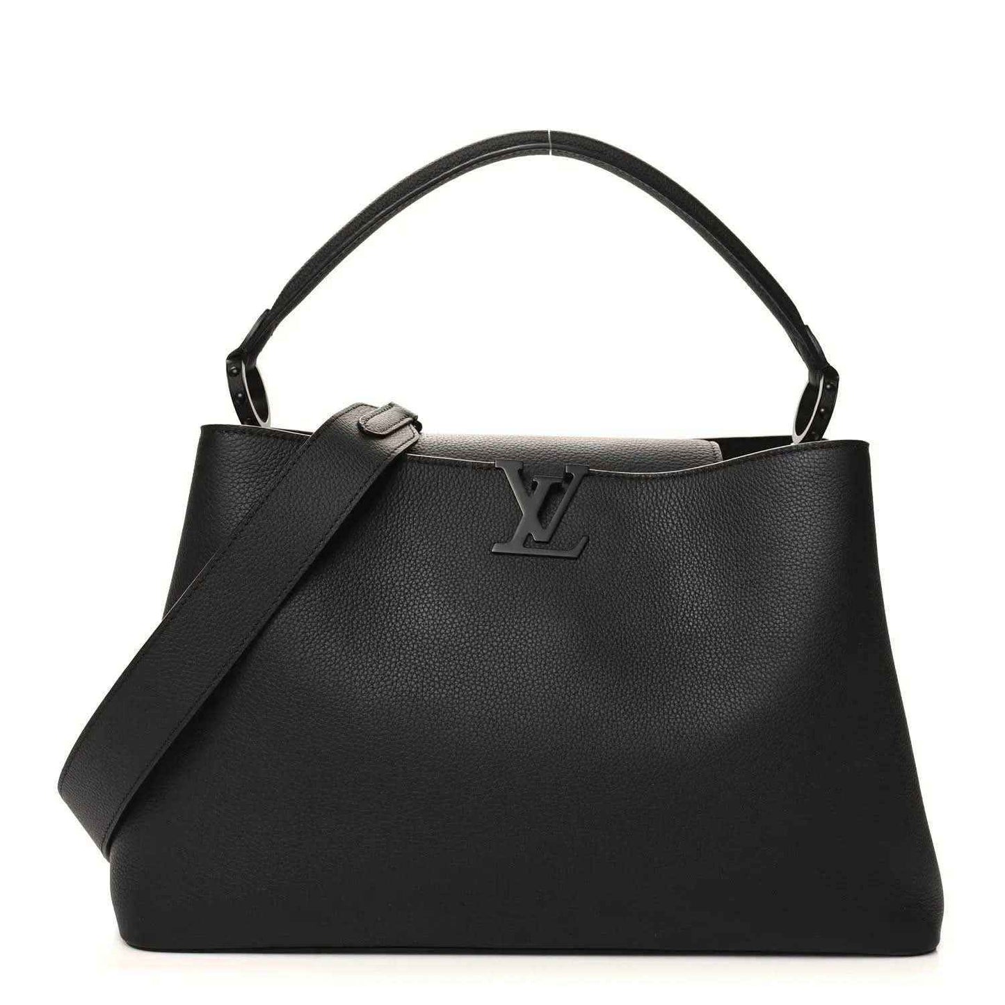 Black matte leather handbag with top handles, LV logo, and shoulder strap