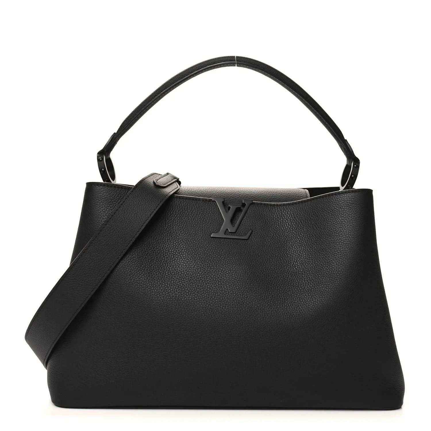 Black matte leather handbag with top handles, LV logo, and shoulder strap