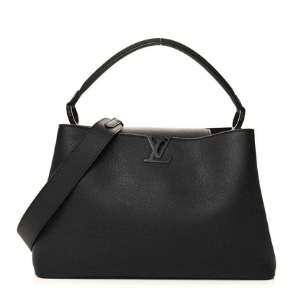 Black matte leather handbag with top handles, LV logo, and shoulder strap