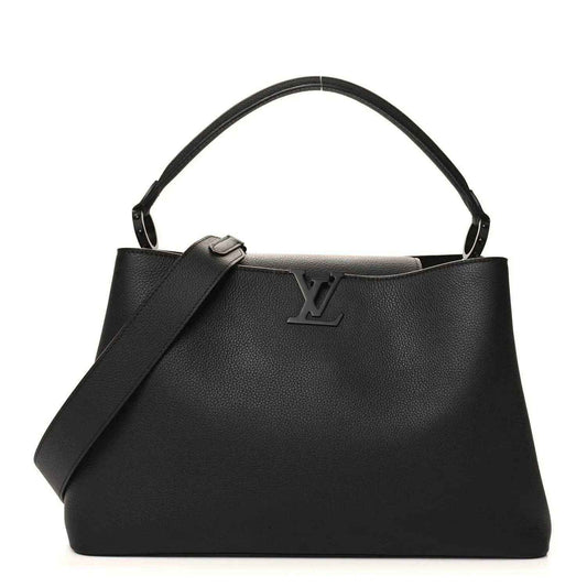 Black matte leather handbag with top handles, LV logo, and shoulder strap