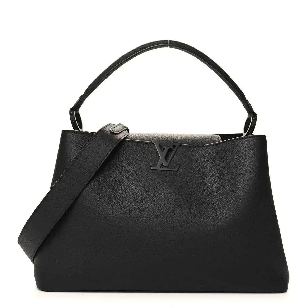 Black matte leather handbag with top handles, LV logo, and shoulder strap