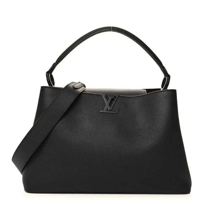 Black matte leather handbag with top handles, LV logo, and shoulder strap