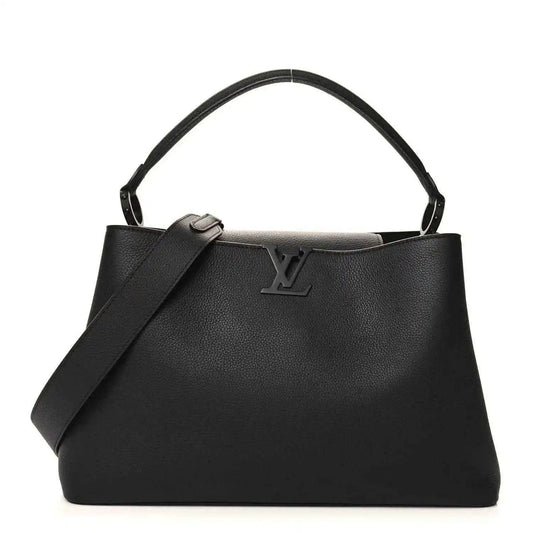 Black matte leather handbag with top handles, LV logo, and shoulder strap