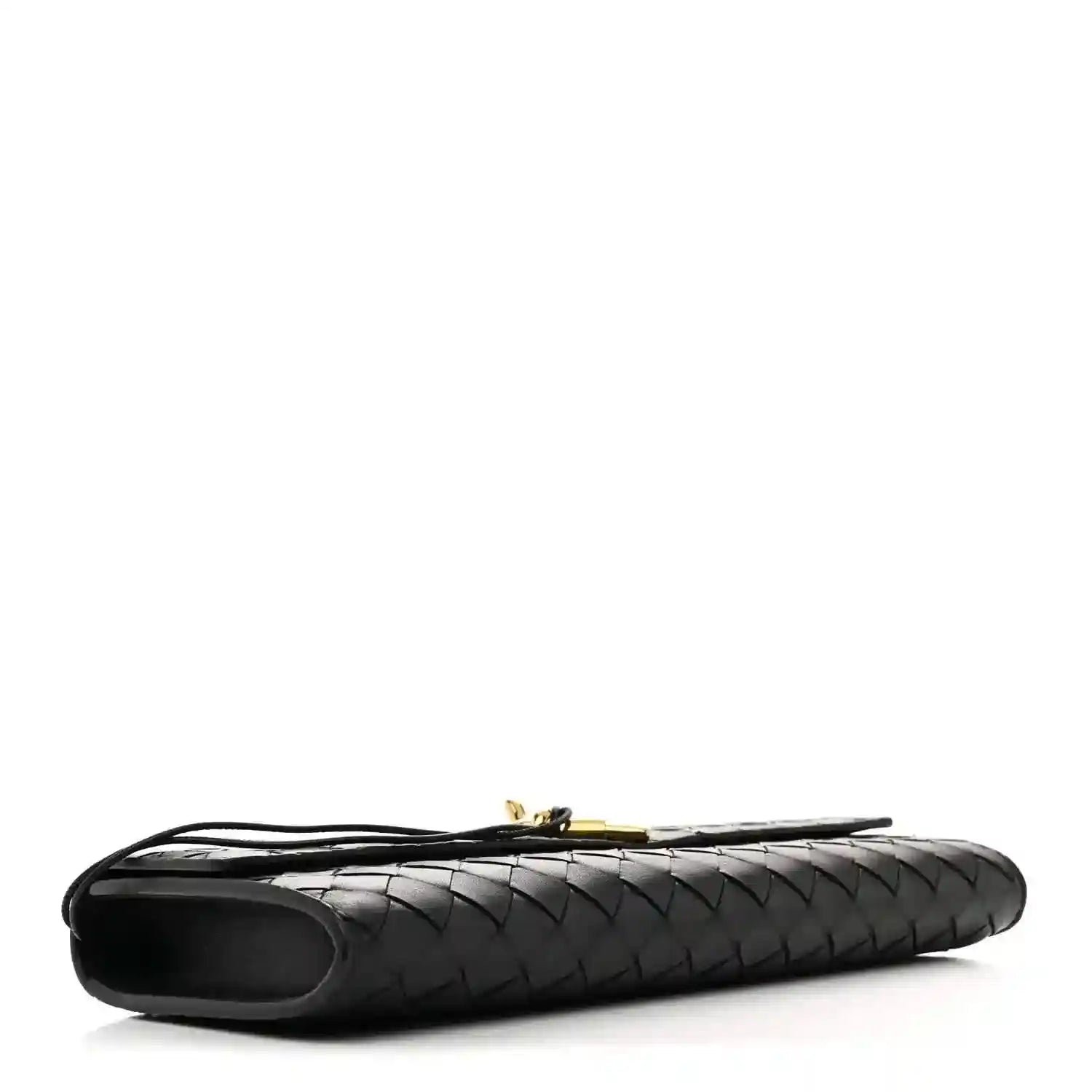 Bottega Veneta intrecciato leather top-handle clutch, black, end view with handle