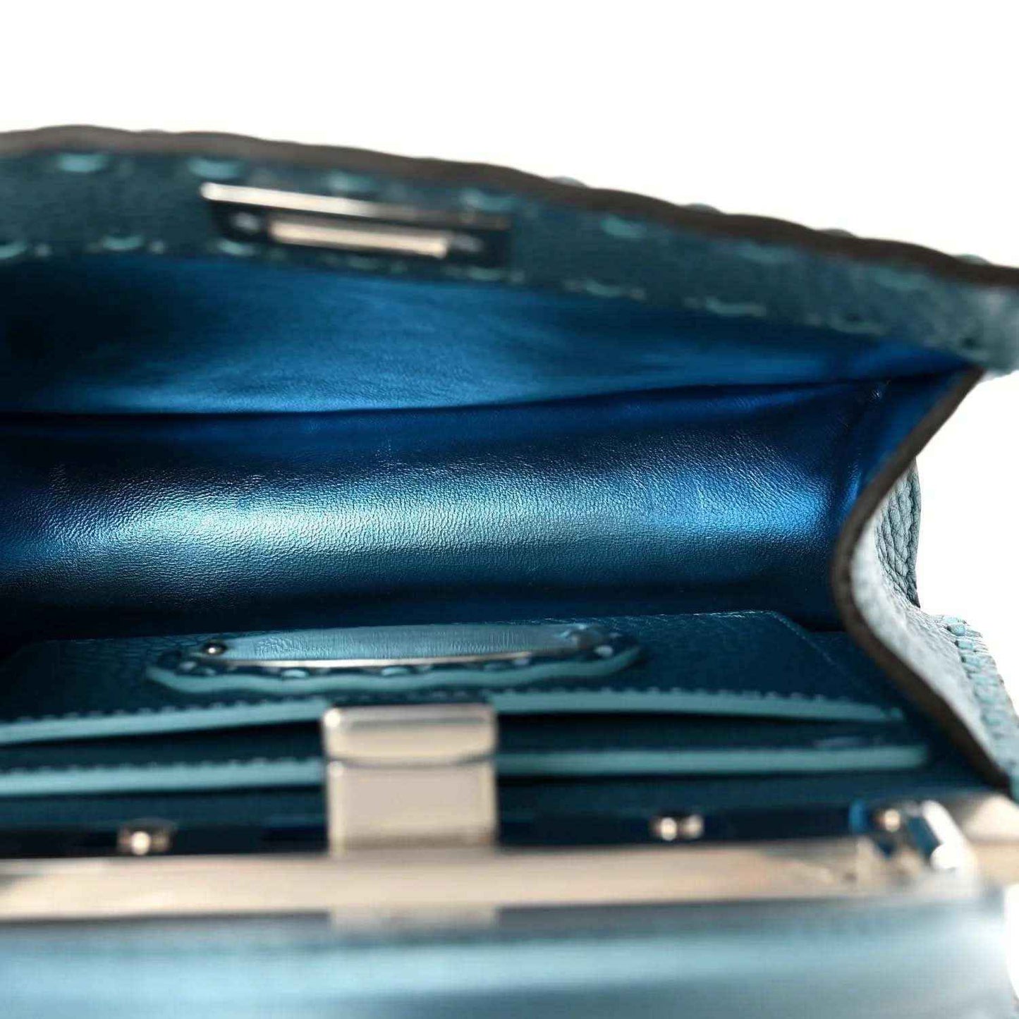 Blue metallic leather petite satchel with silver clasp and peekaboo lining