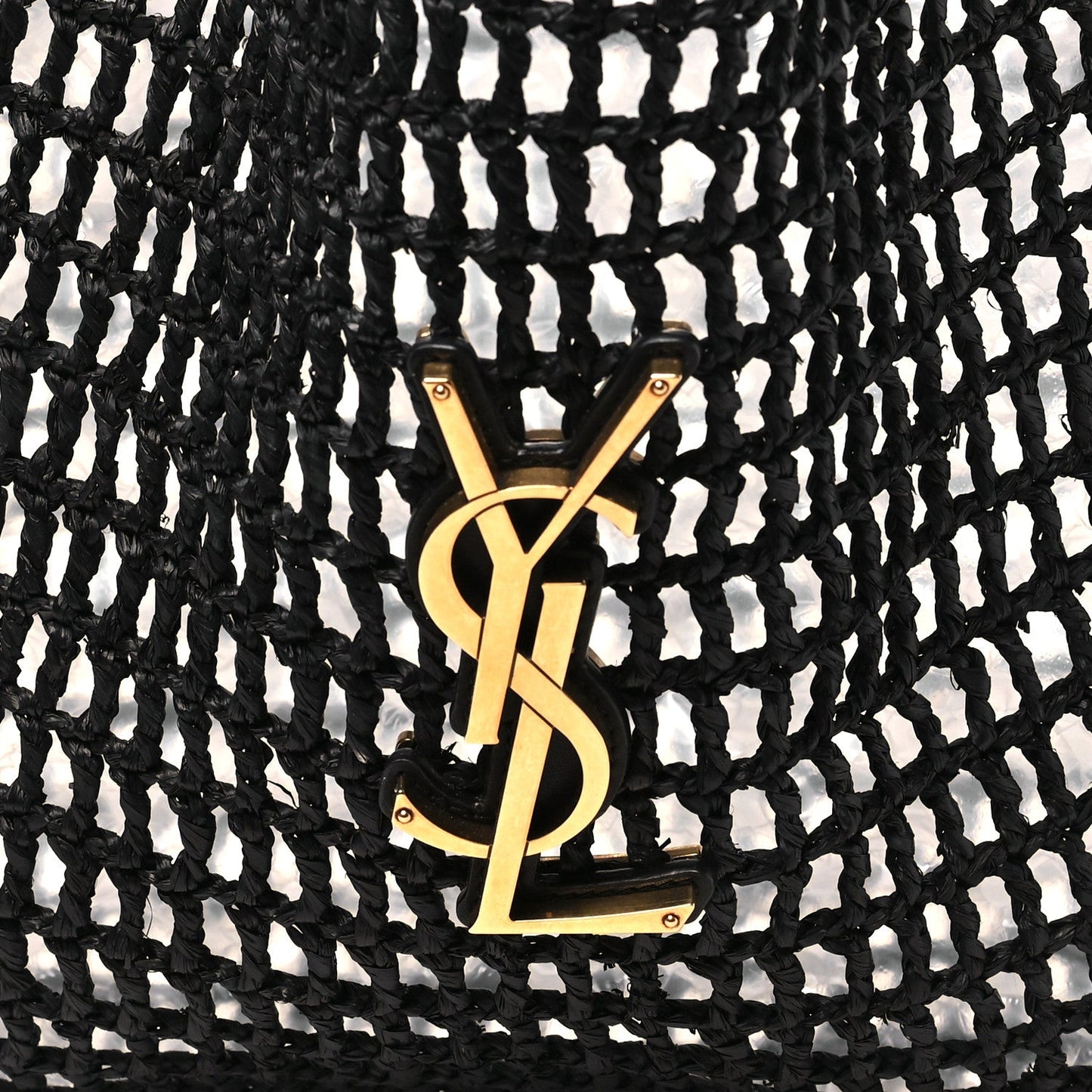 Gold YSL Oxalis logo on black netted raffia shoulder bag