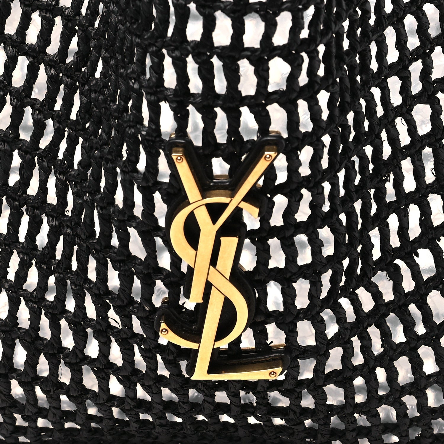 Gold YSL Oxalis logo on black netted raffia shoulder bag