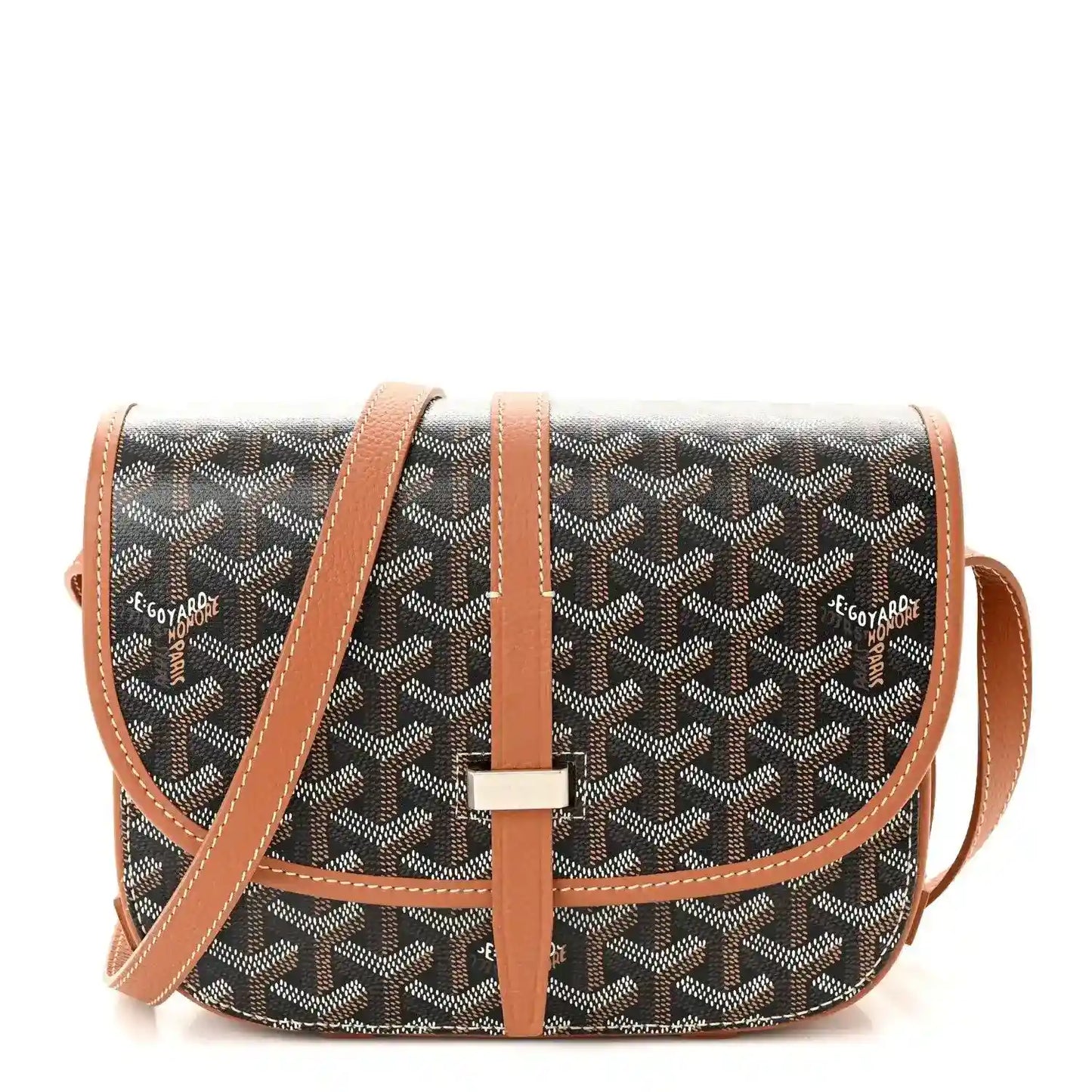 Monogram messenger bag with dark pattern, tan leather trim, front flap and crossbody strap