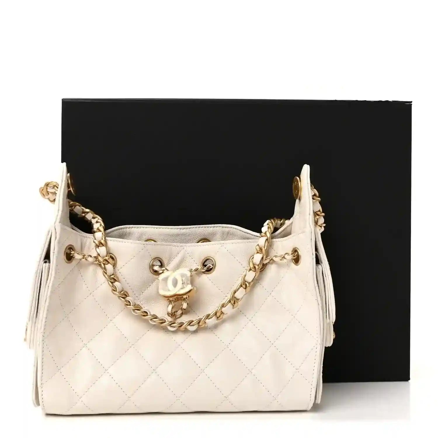 White quilted mini handbag with gold chain shoulder strap and CC turn-lock clasp