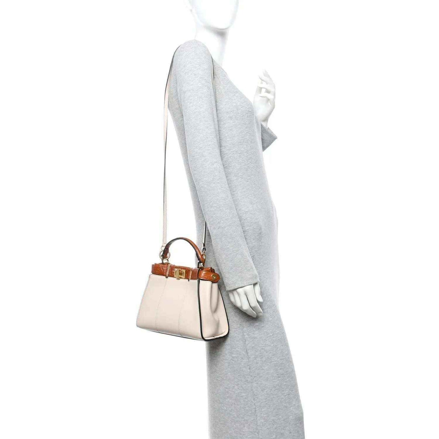Mini Peekaboo satchel with crocodile trim, top handle, light calfskin, brown accents