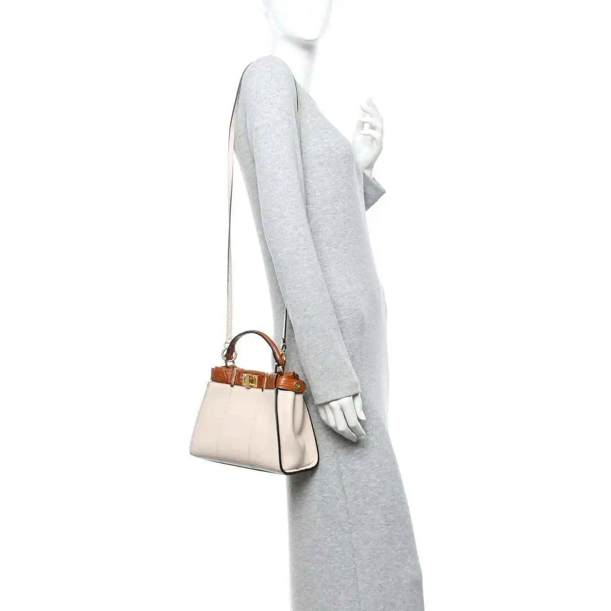 Mini Peekaboo satchel with crocodile trim, top handle, light calfskin, brown accents