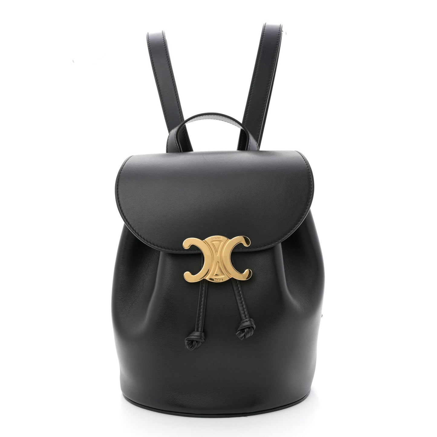 Celine Triomphe calfskin Bonnie backpack in black with gold logo and drawstring.