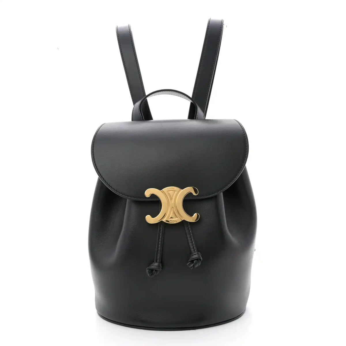 Celine Triomphe calfskin Bonnie backpack in black with gold logo and drawstring.