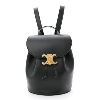 Celine Triomphe calfskin Bonnie backpack in black with gold logo and drawstring.