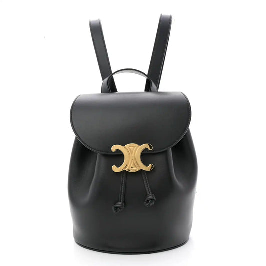 Celine Triomphe calfskin Bonnie backpack in black with gold logo and drawstring.