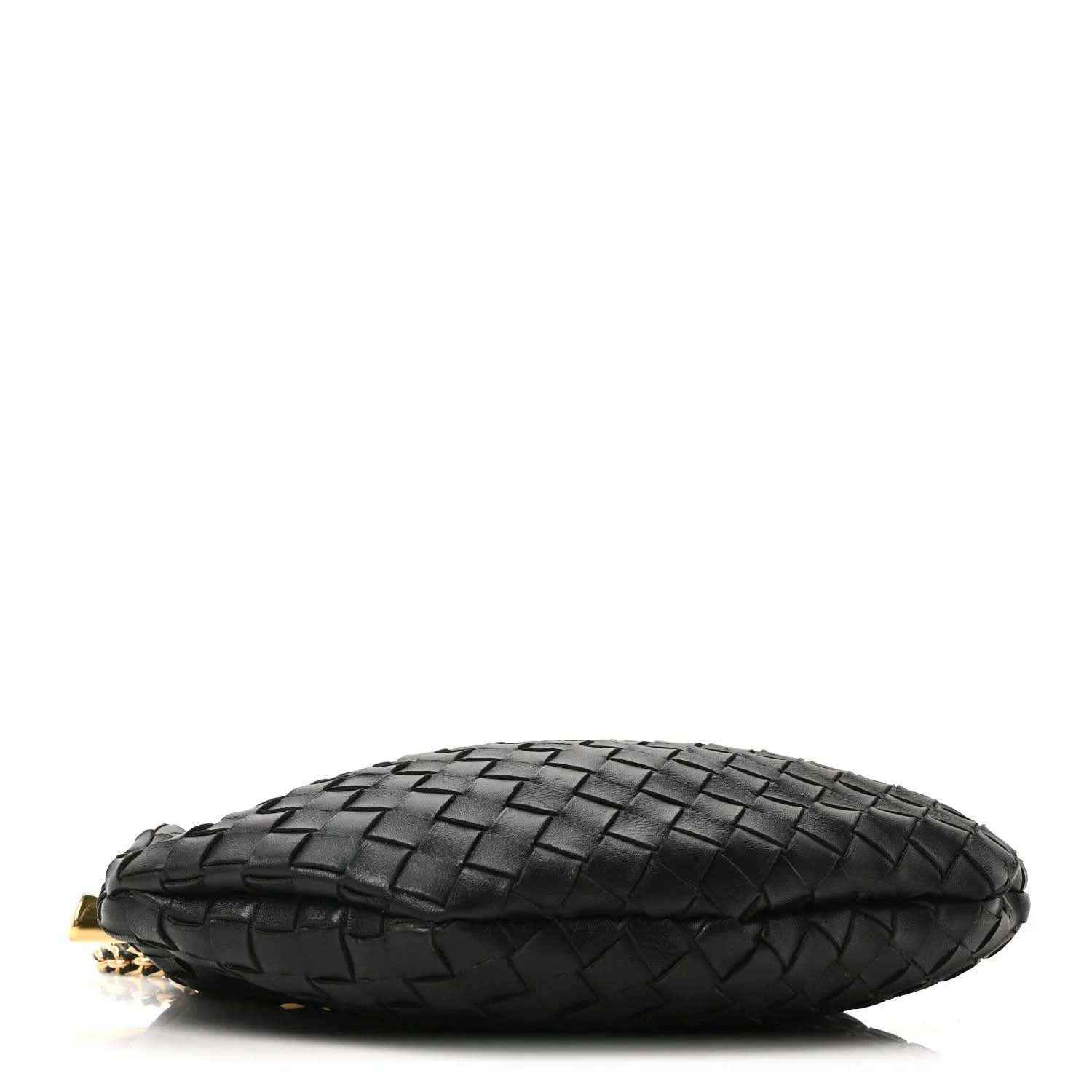 Bottega Veneta intrecciato hobo bag in black with flat base and gold hardware.