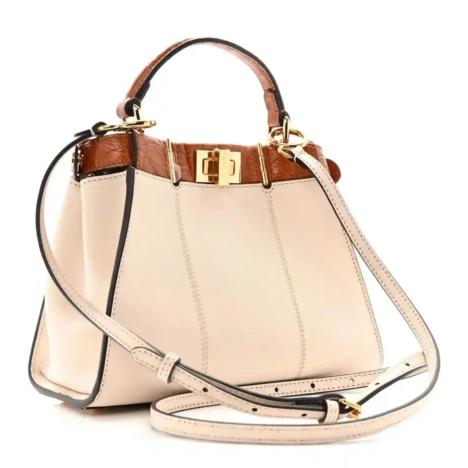 Mini Peekaboo satchel in cream leather with brown croc trim and gold clasp