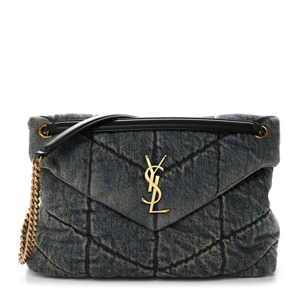 Denim quilted puffer satchel with flap, gold YSL logo, and chain strap