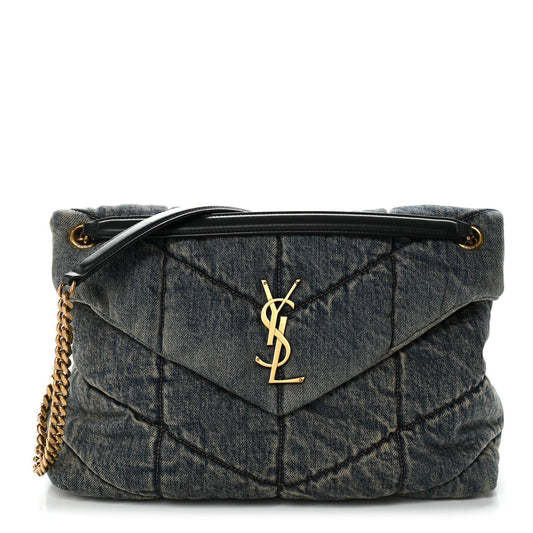 Denim quilted puffer satchel with flap, gold YSL logo, and chain strap