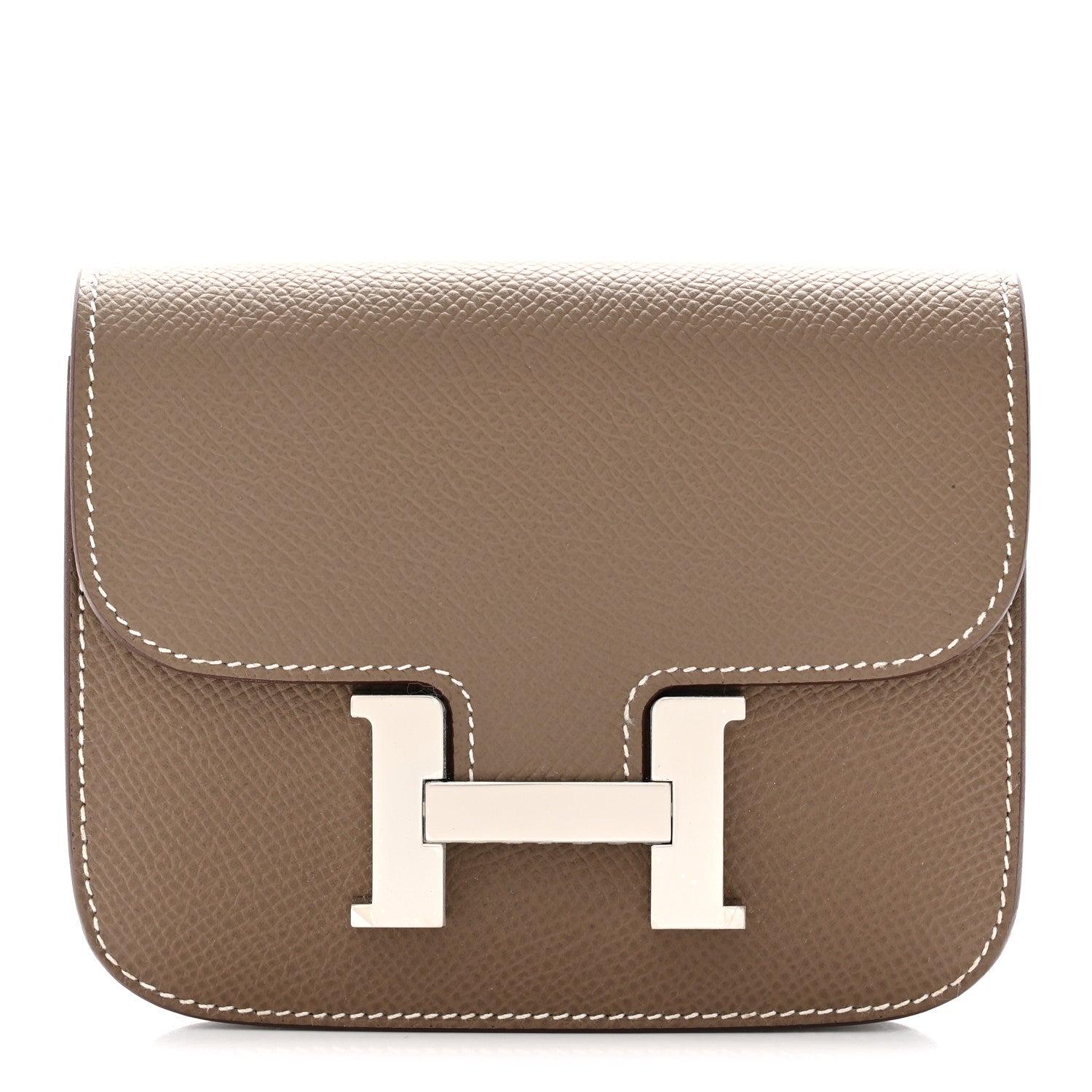 Taupe slim wallet with front H clasp and white contrast stitching