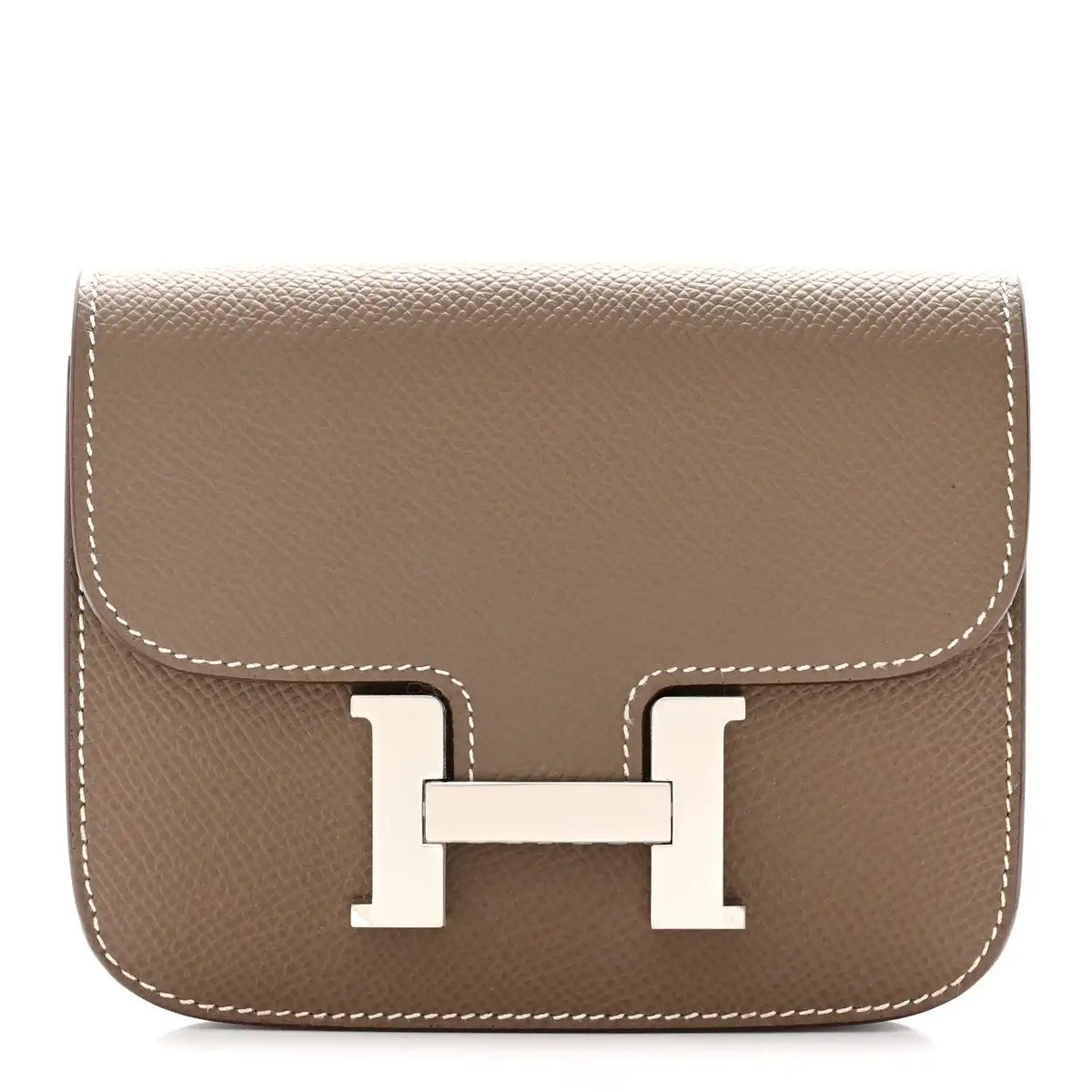 Taupe slim wallet with front H clasp and white contrast stitching
