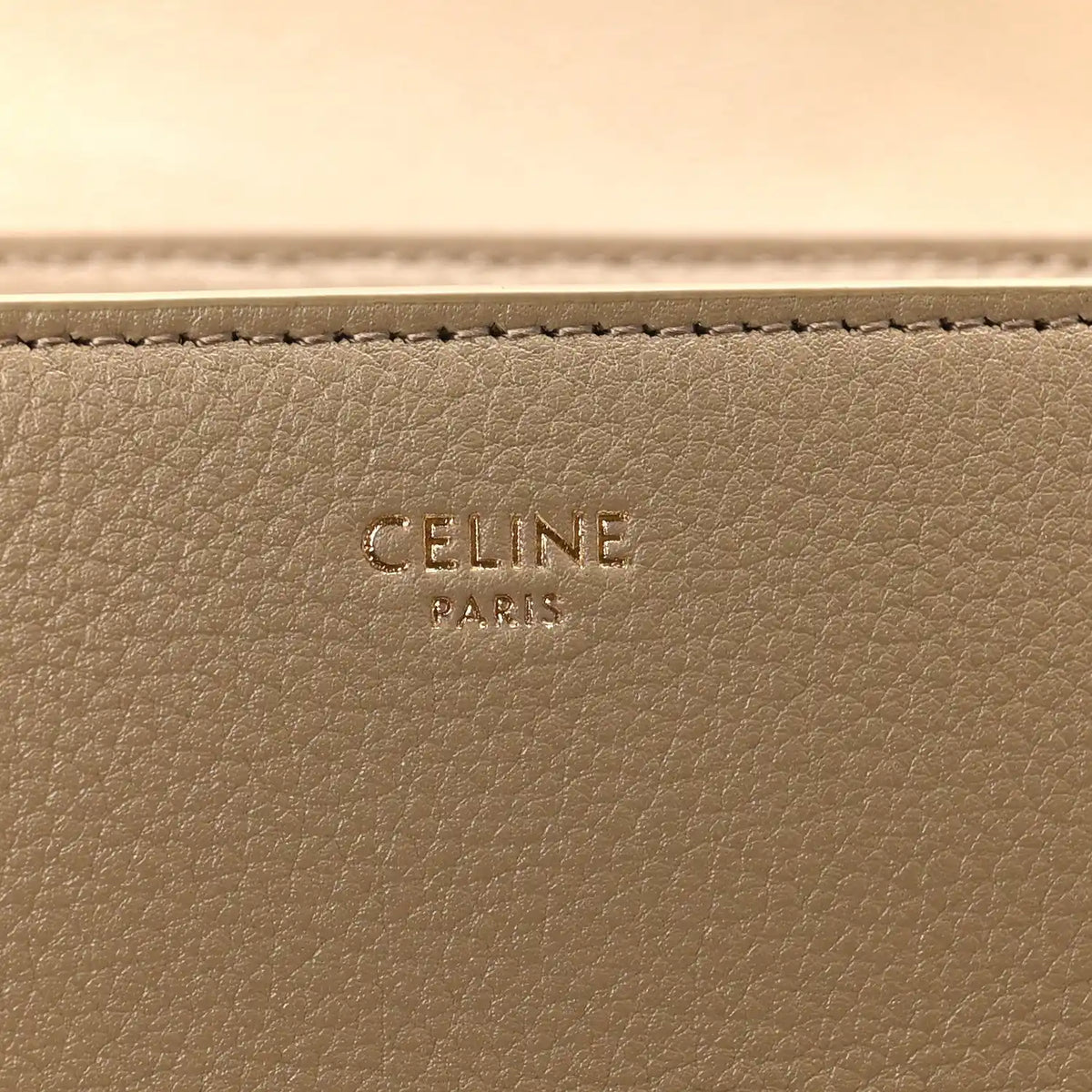 Celine Paris leather logo stamp on tan calfskin Victoire medium bag