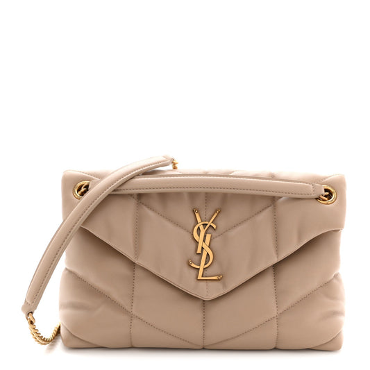 Saint Laurent quilted Loulou puffer satchel with YSL monogram and chain strap, dark beige