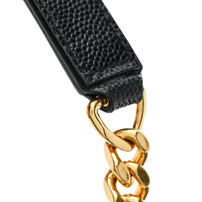 Black textured leather strap connector with gold clasp and link chain