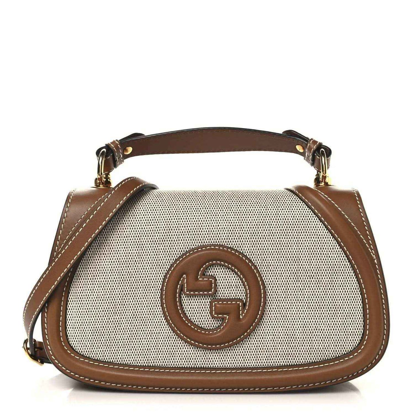 Medium top-handle bag with GG logo patch, beige canvas and brown leather trim
