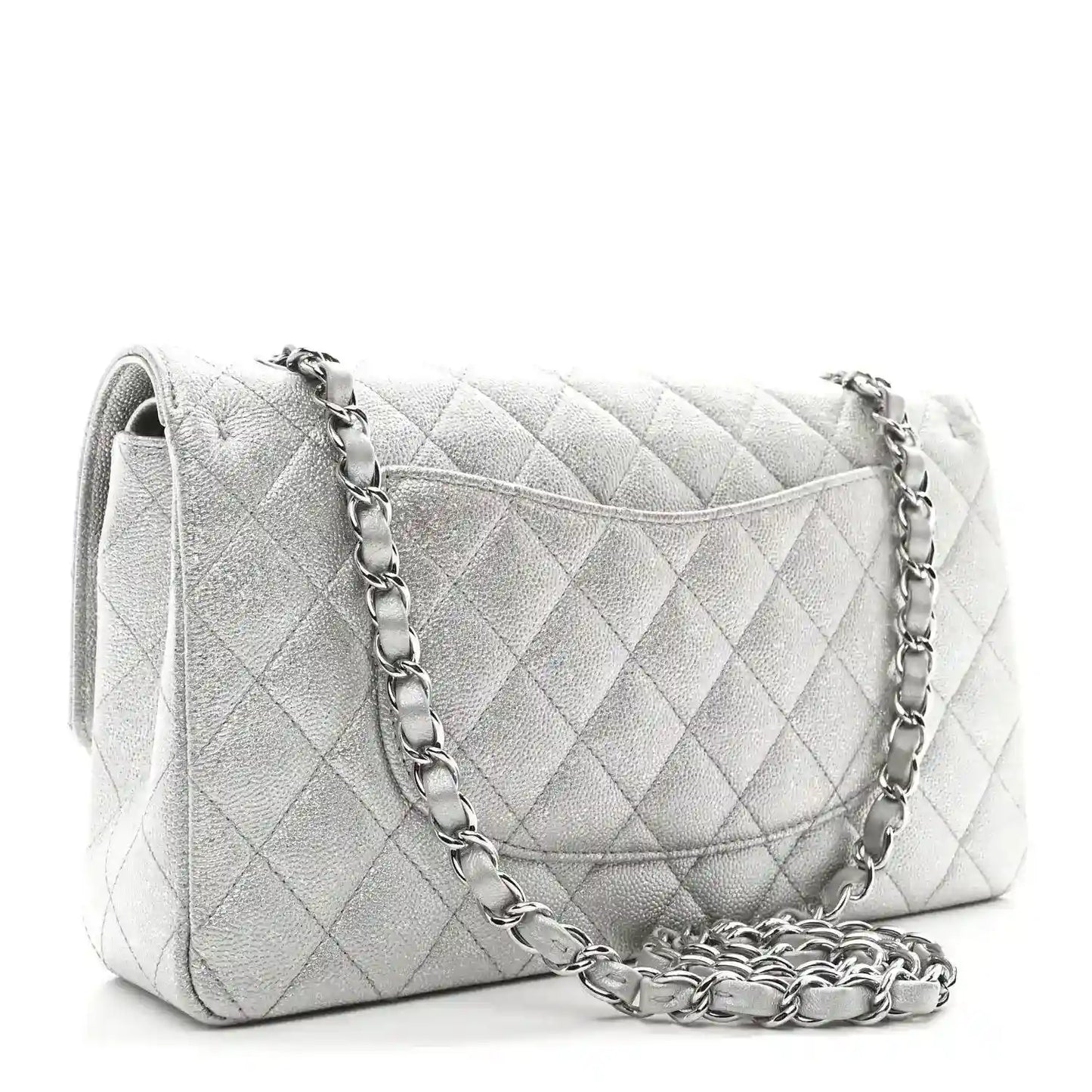 Chanel silver metallic double flap bag with quilted caviar texture and silver chain