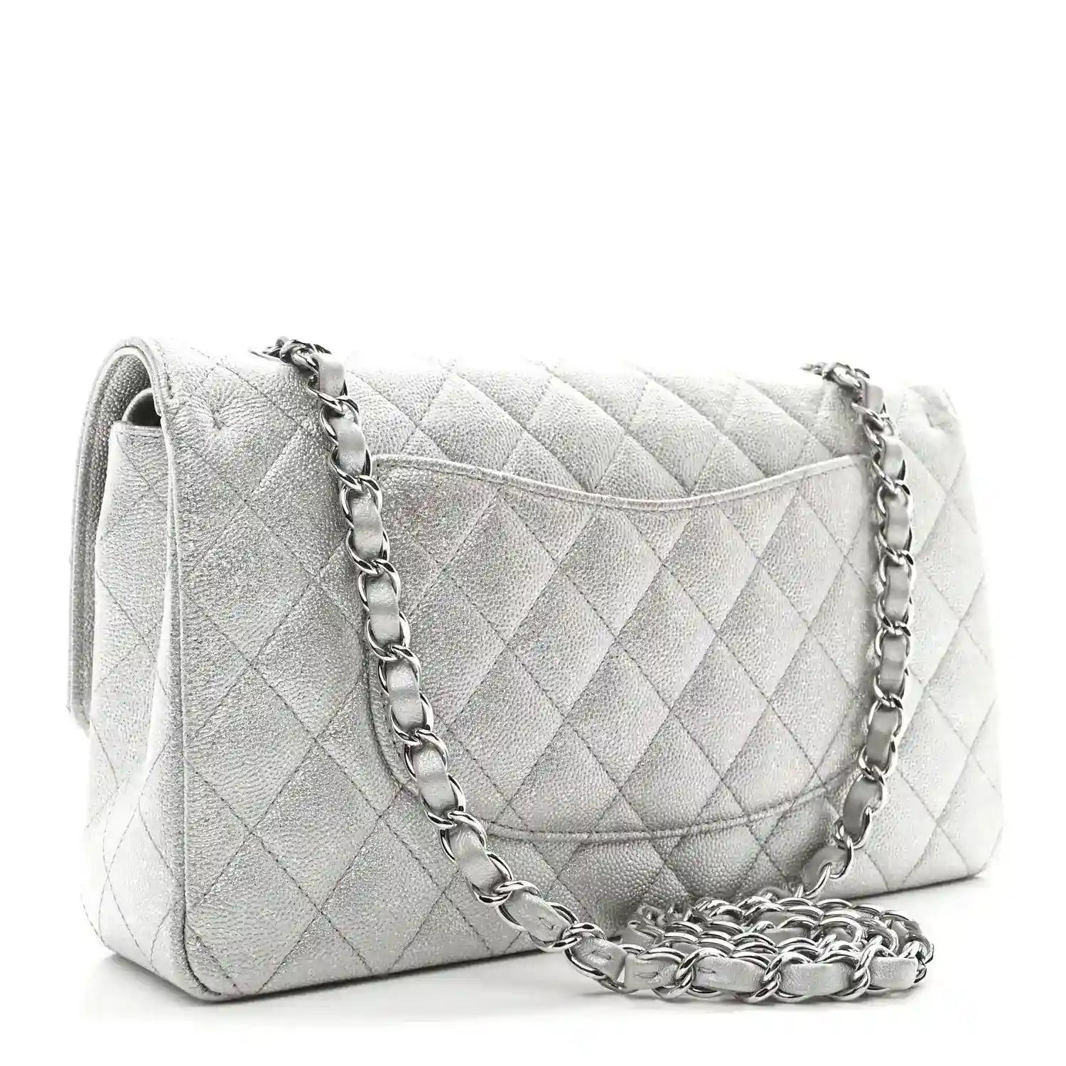 Chanel silver metallic double flap bag with quilted caviar texture and silver chain