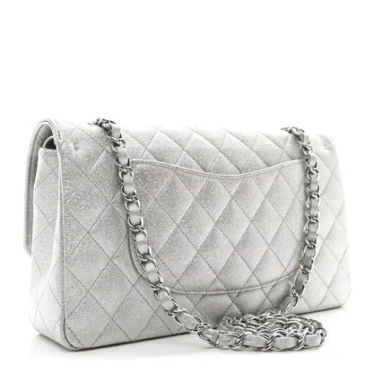 Chanel silver metallic double flap bag with quilted caviar texture and silver chain