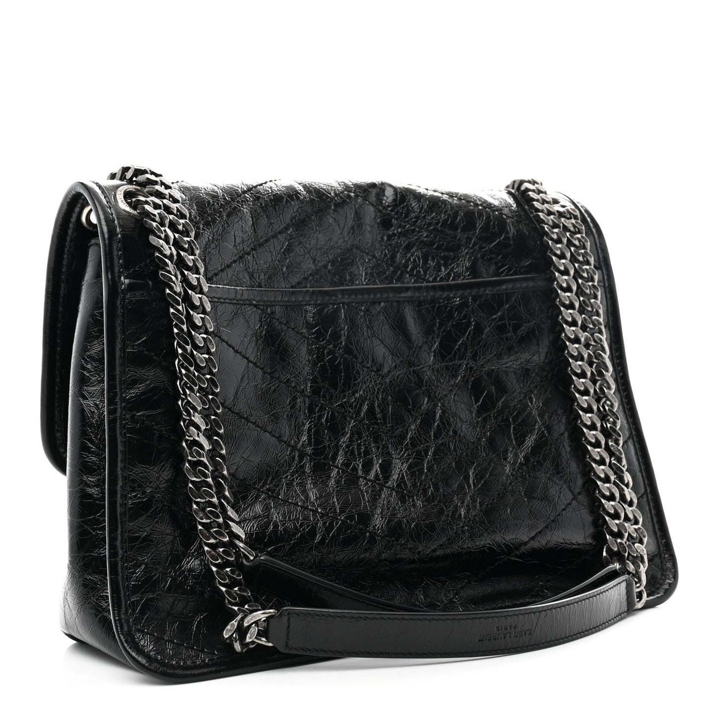 Black crinkled calfskin medium chain satchel with chain strap and front flap