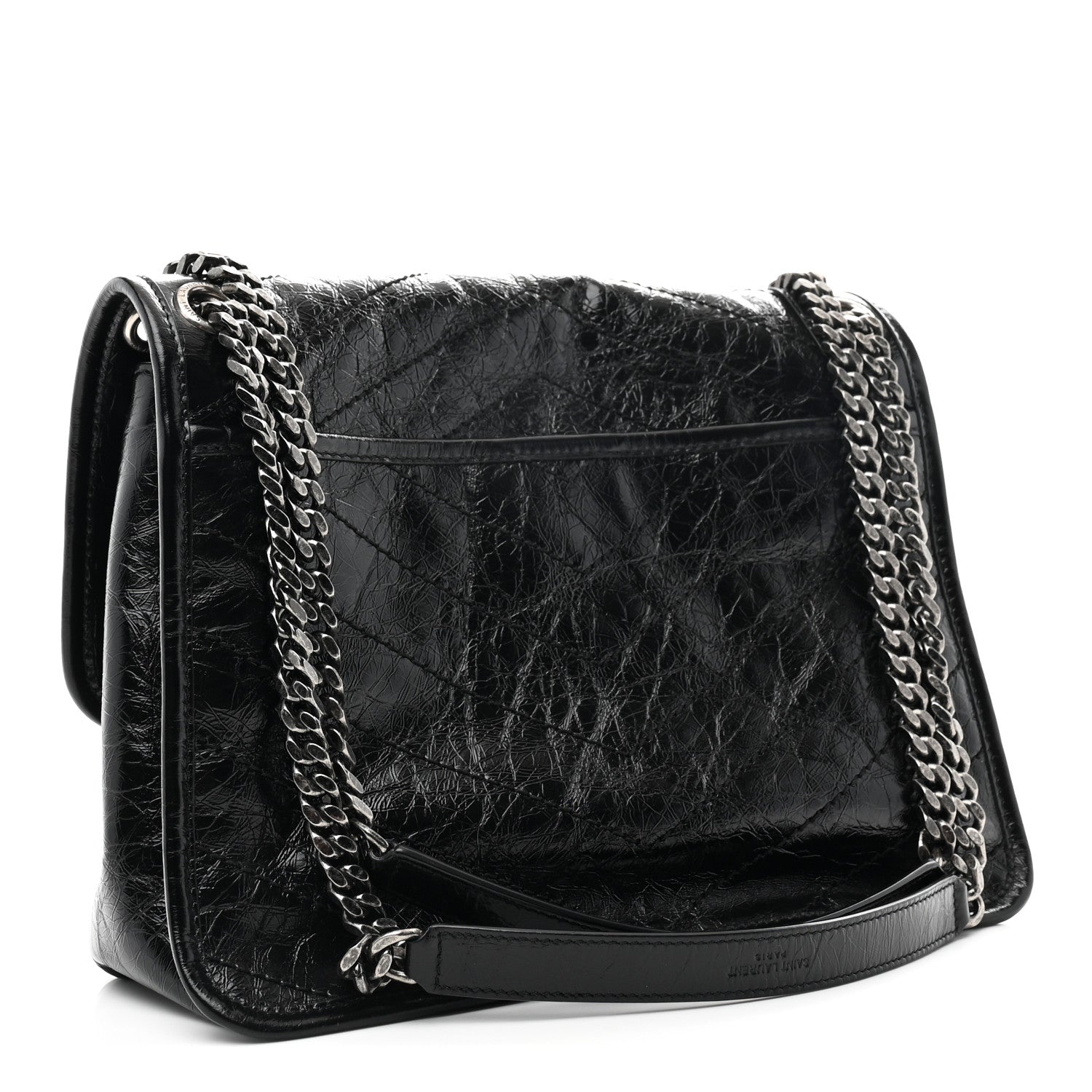 Black crinkled calfskin medium chain satchel with chain strap and front flap