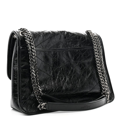 Black crinkled calfskin medium chain satchel with chain strap and front flap