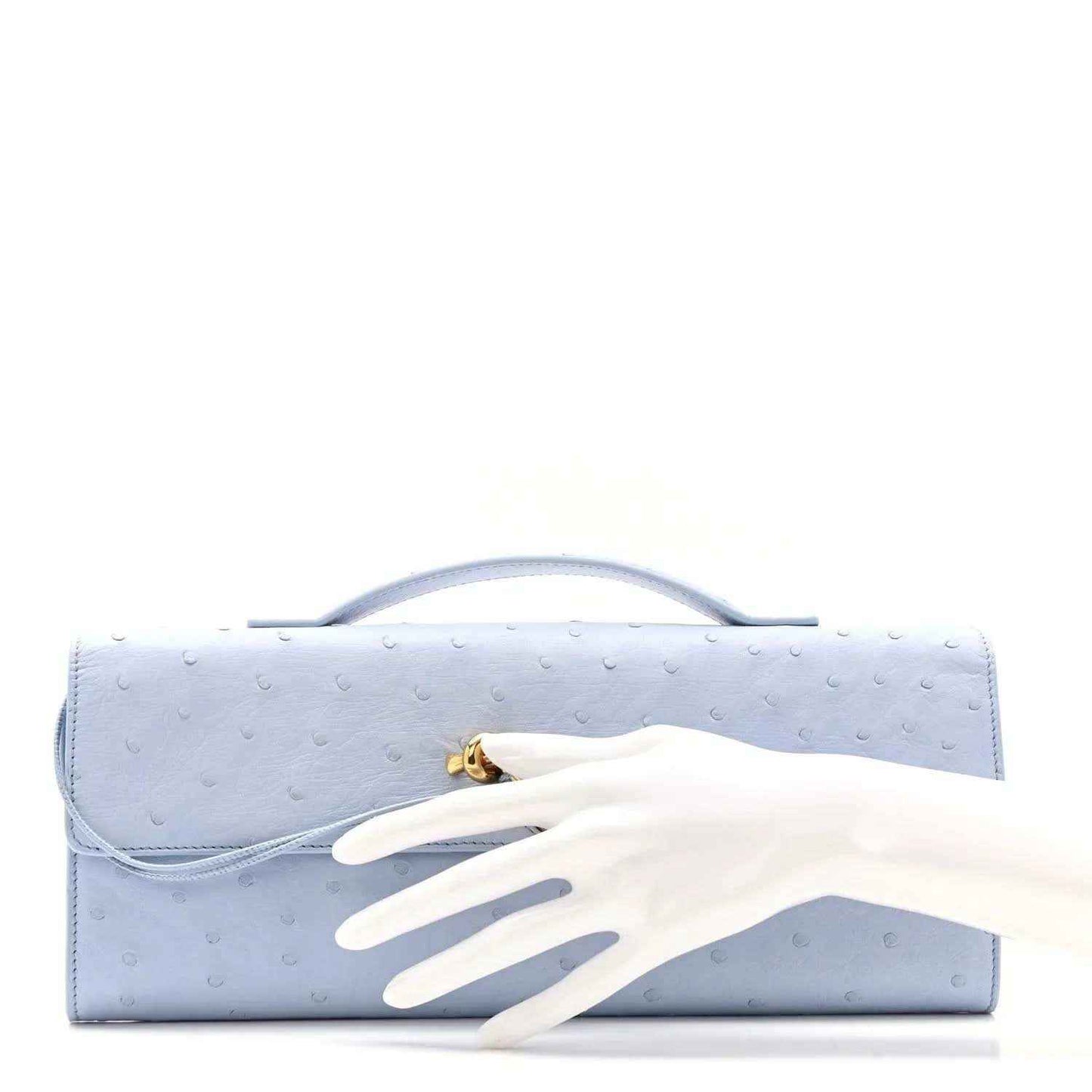 Light blue ostrich leather long Andiamo clutch bag with gold clasp, shown with hand