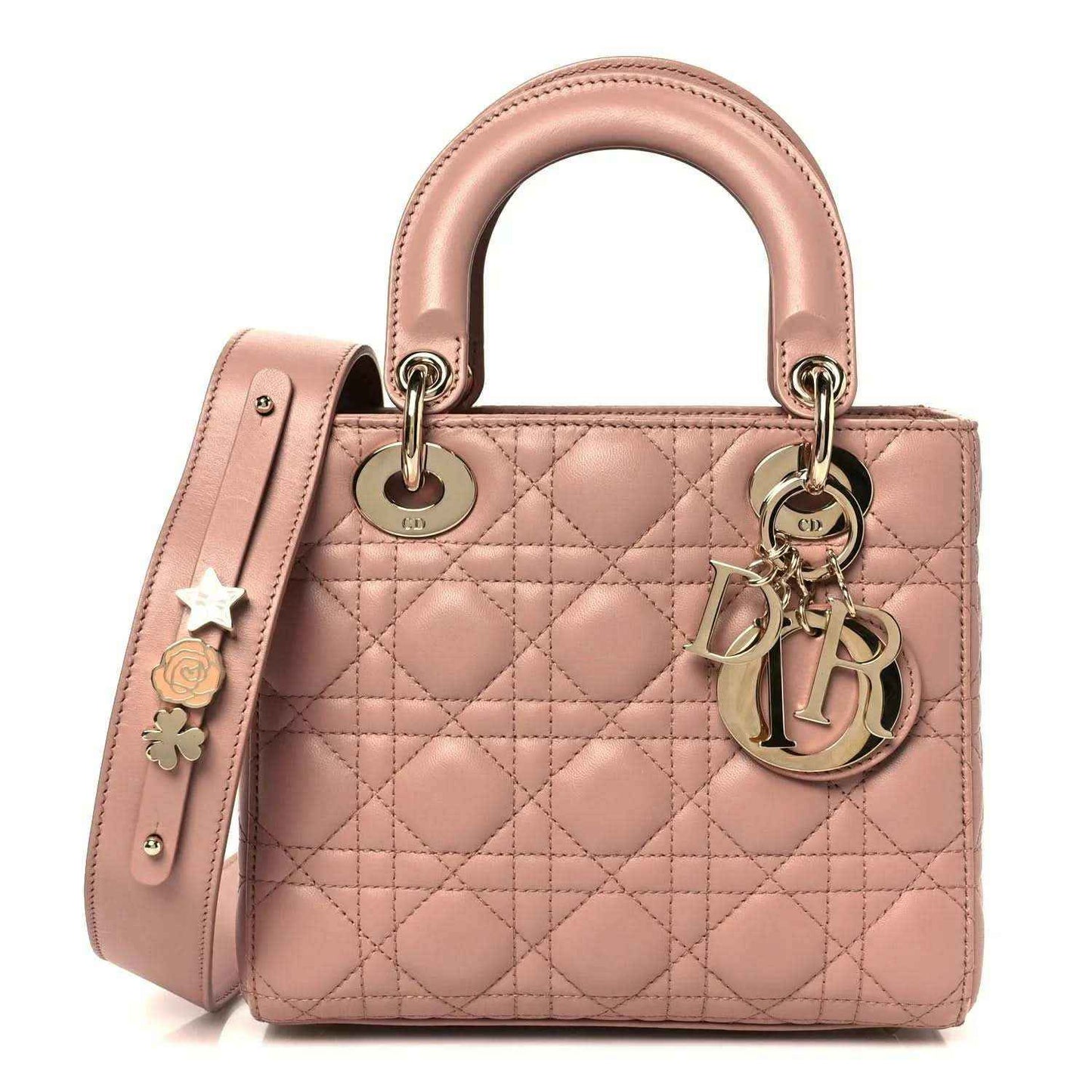 Small Lady Dior lambskin bag in blush pink with quilted cannage and top handles