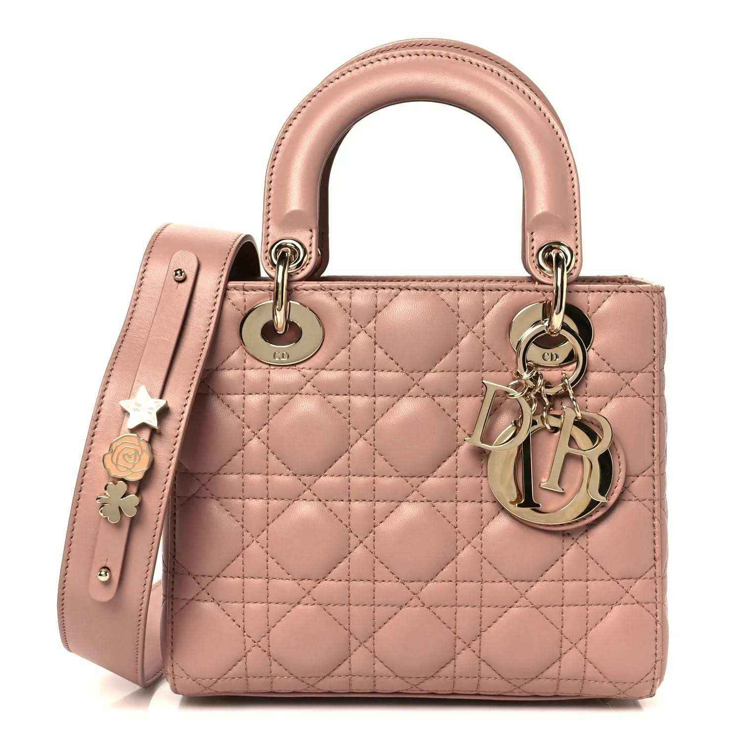 Small Lady Dior lambskin bag in blush pink with quilted cannage and top handles