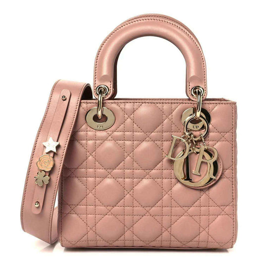 Small Lady Dior lambskin bag in blush pink with quilted cannage and top handles