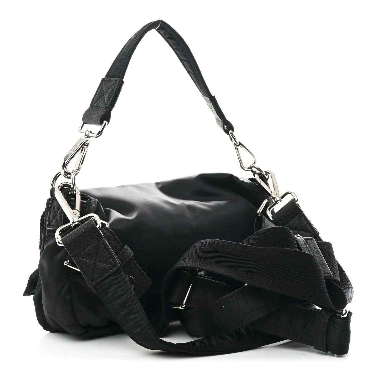 Fendi Econyl black nylon multipocket baguette bag with silver-tone chain straps