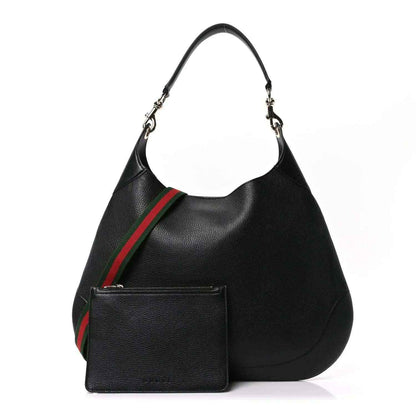 Black grained calfskin maxi hobo bag with front pocket and green red web strap