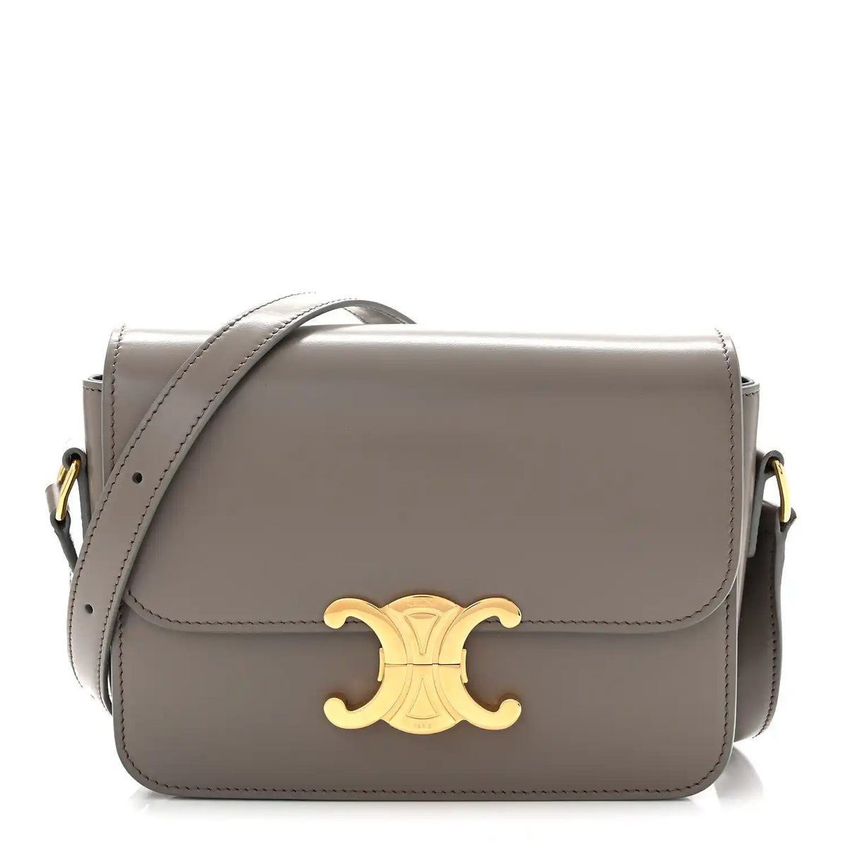 Celine shiny calfskin shoulder bag with gold-tone logo and flap closure, light gray