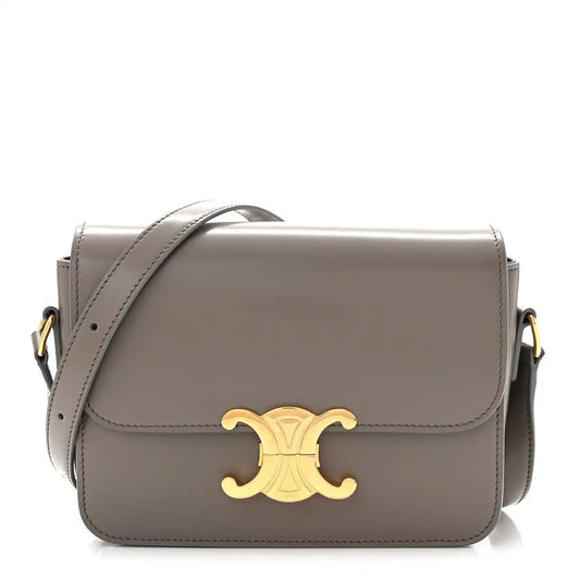 Celine shiny calfskin shoulder bag with gold-tone logo and flap closure, light gray