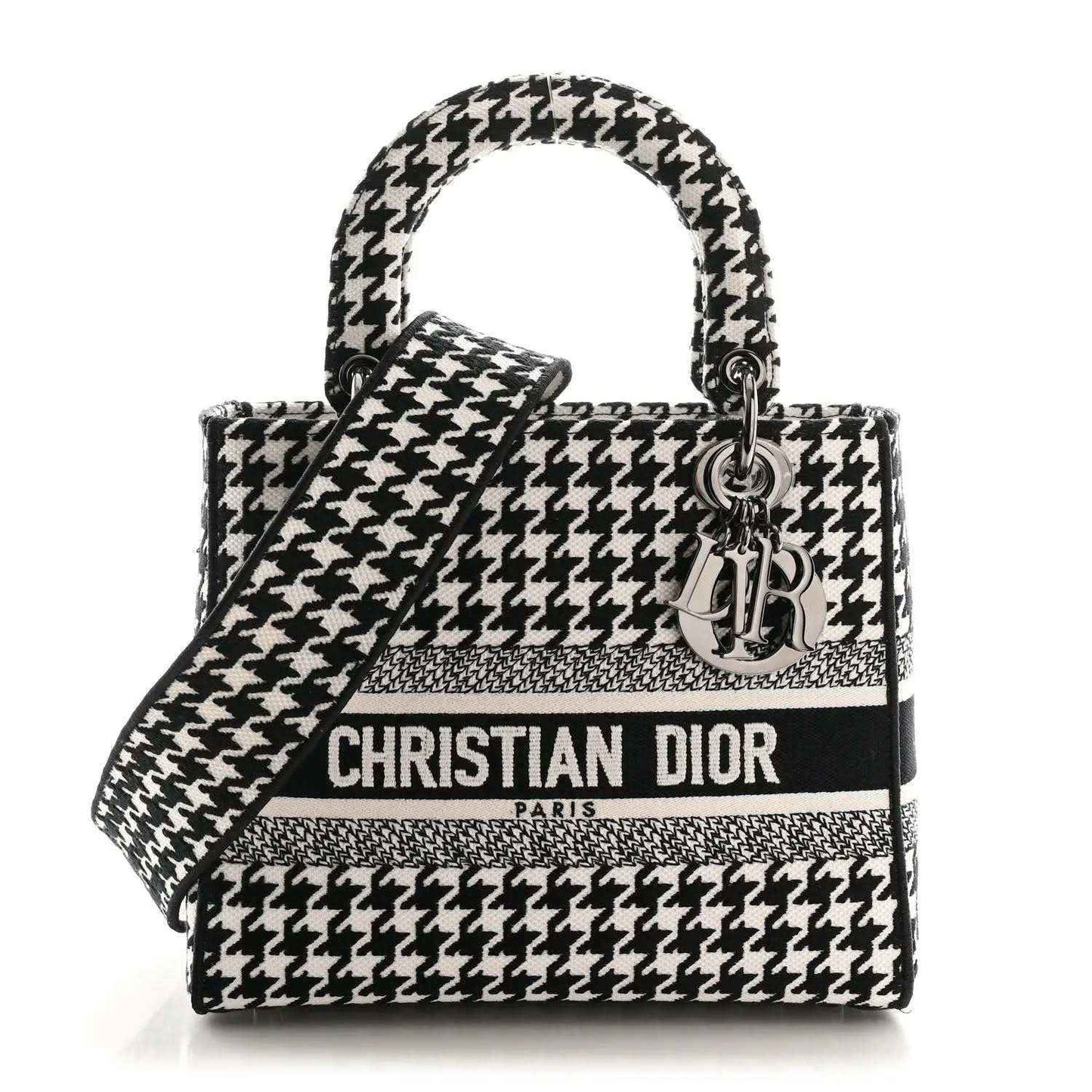 Christian Dior canvas bag in black-and-white houndstooth with top handles and logo strap