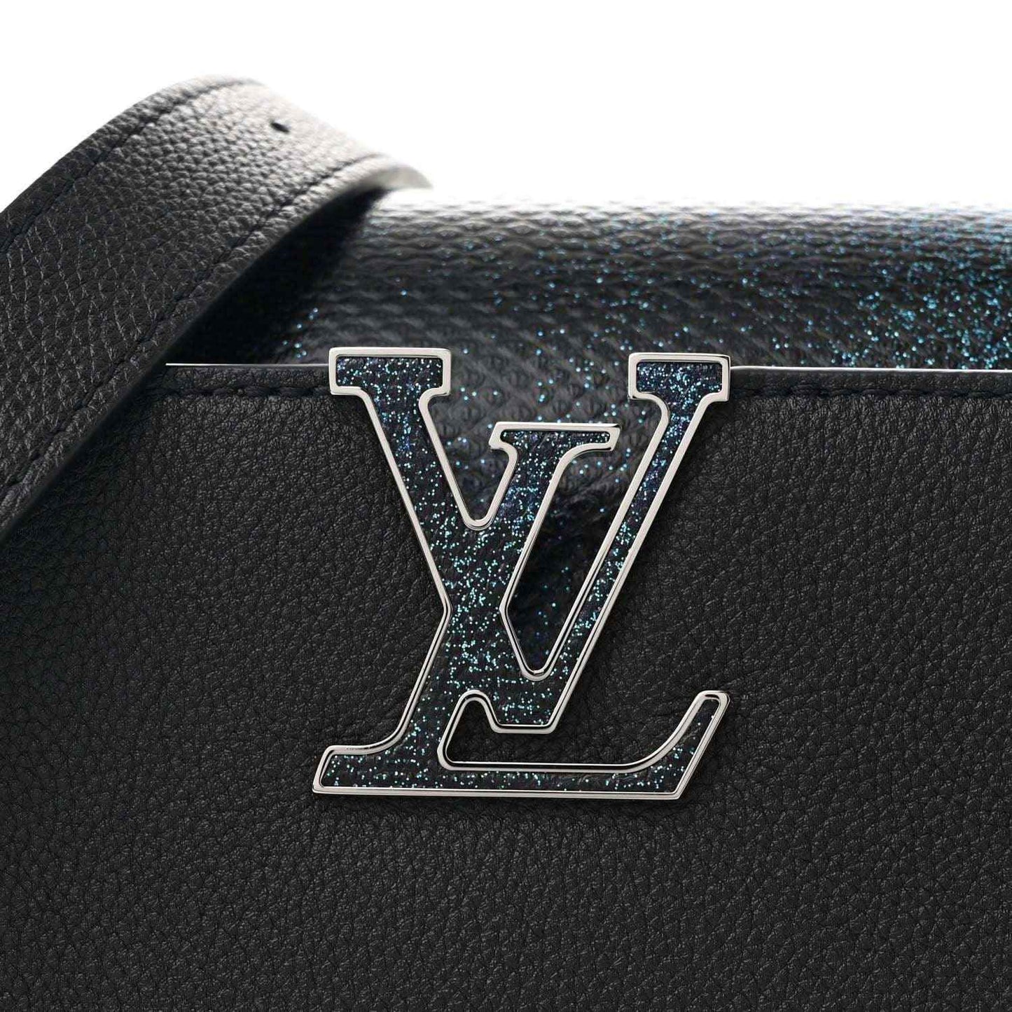 Black leather handbag with metallic LV logo on front flap and textured trim