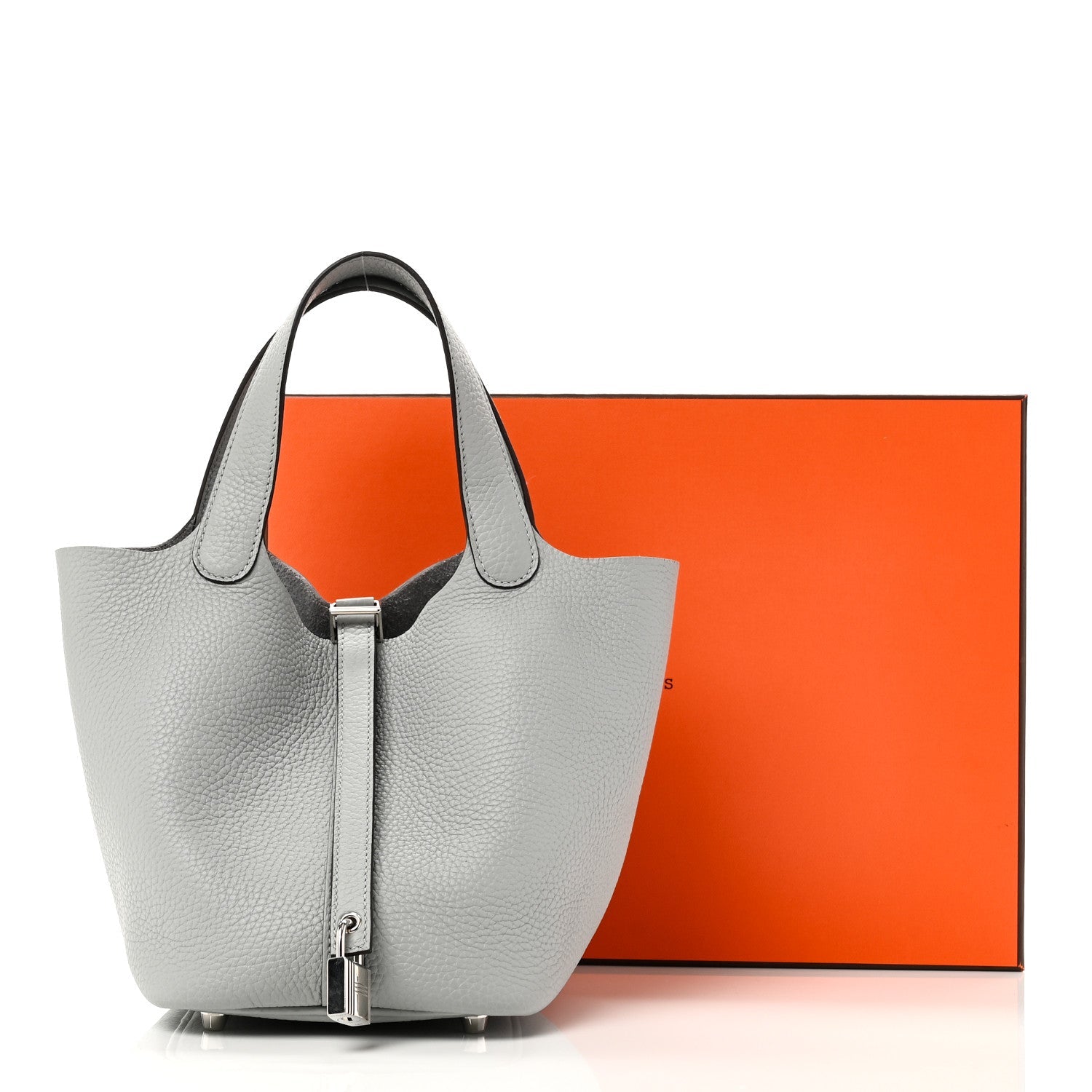Light blue leather bucket bag with two top handles and metal front lock